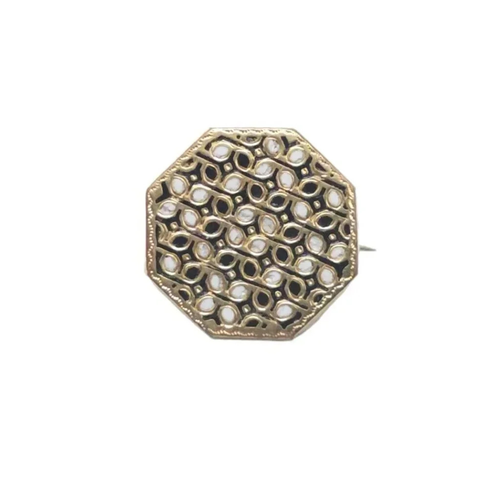 Antique Black White Enamel Octagon Shape Brooch Pin Gold Filled Vintage